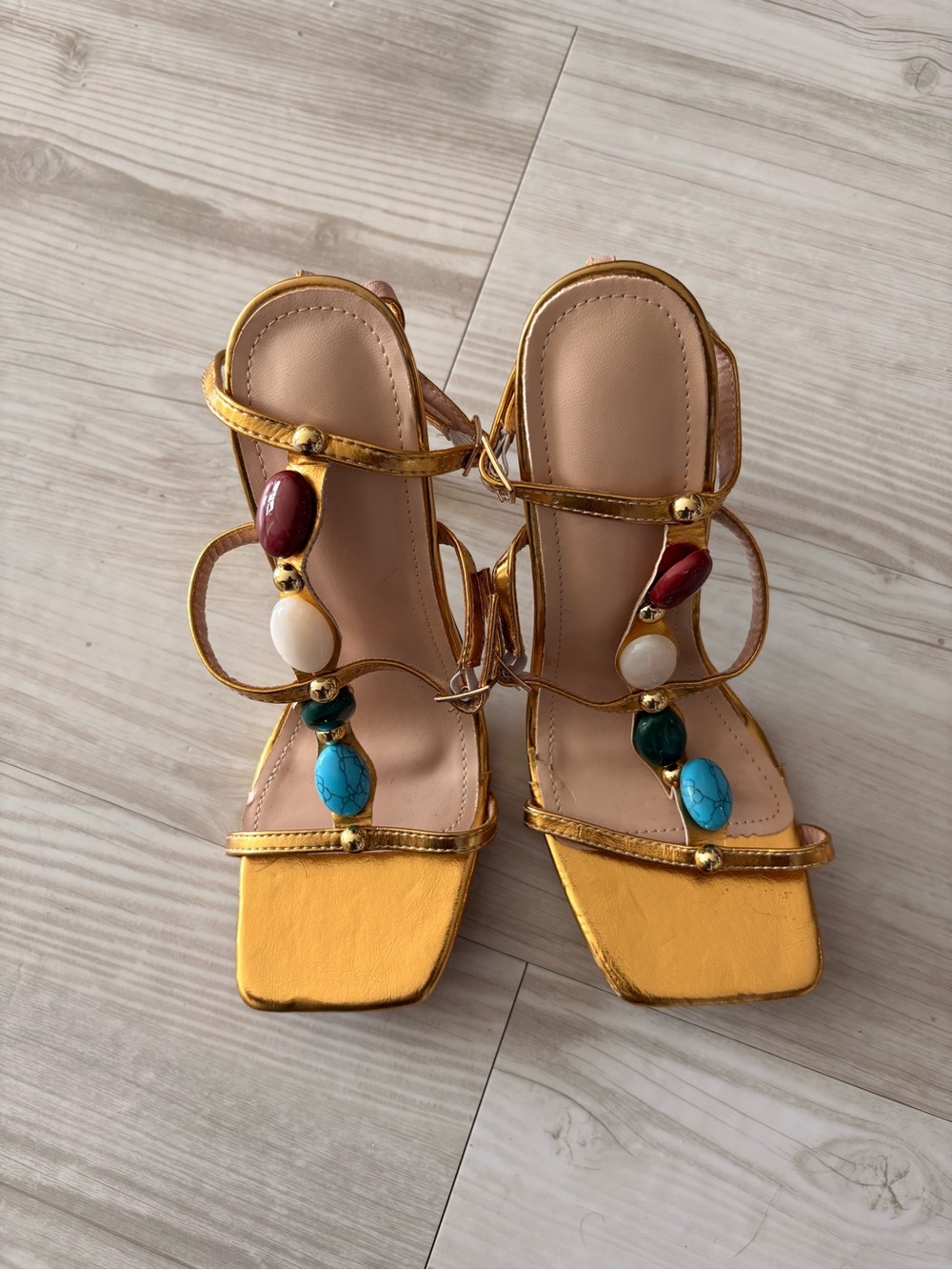 Gold Beaded Strappy Sandals - Women's Yellow Heels